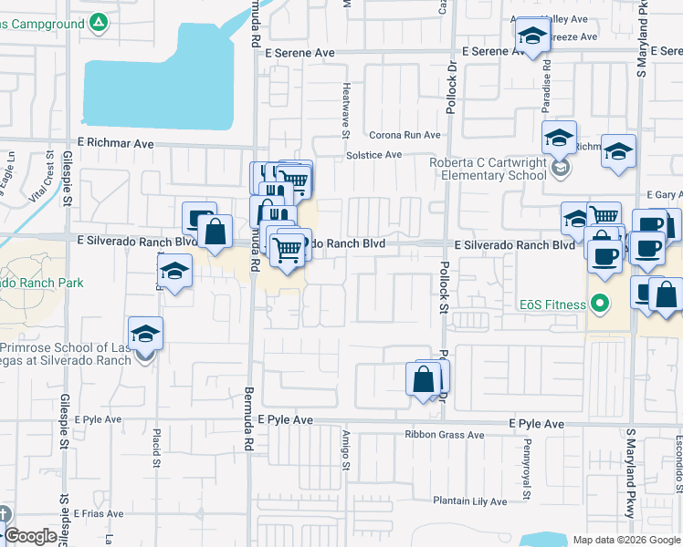 map of restaurants, bars, coffee shops, grocery stores, and more near 555 East Silverado Ranch Boulevard in Las Vegas