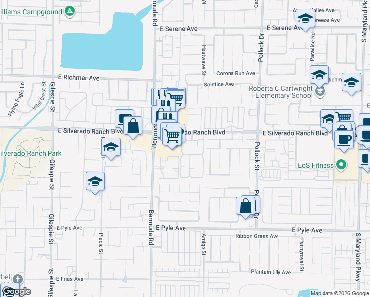 map of restaurants, bars, coffee shops, grocery stores, and more near 555 East Silverado Ranch Boulevard in Las Vegas