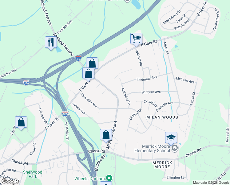 map of restaurants, bars, coffee shops, grocery stores, and more near 1125 Midland Terrace in Durham