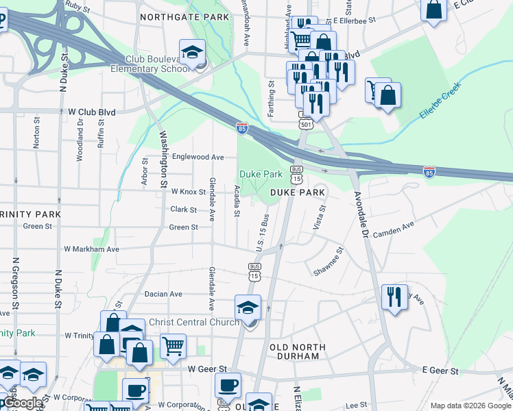 map of restaurants, bars, coffee shops, grocery stores, and more near 25 West Knox Street in Durham