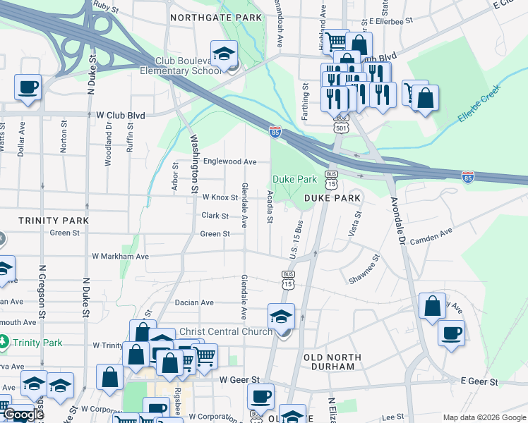 map of restaurants, bars, coffee shops, grocery stores, and more near 1702 Glendale Avenue in Durham