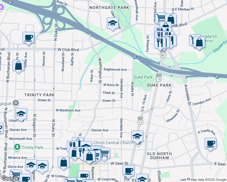 map of restaurants, bars, coffee shops, grocery stores, and more near 312 Clark Street in Durham