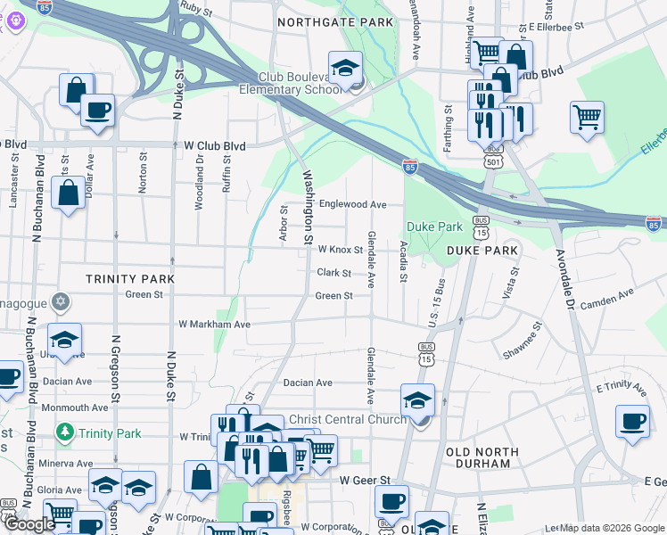 map of restaurants, bars, coffee shops, grocery stores, and more near 330 Clark Street in Durham