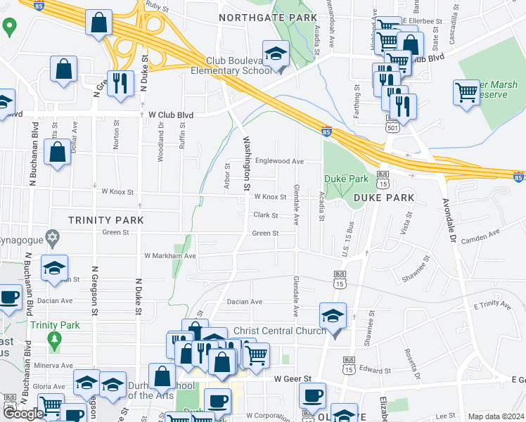 map of restaurants, bars, coffee shops, grocery stores, and more near 330 Clark Street in Durham