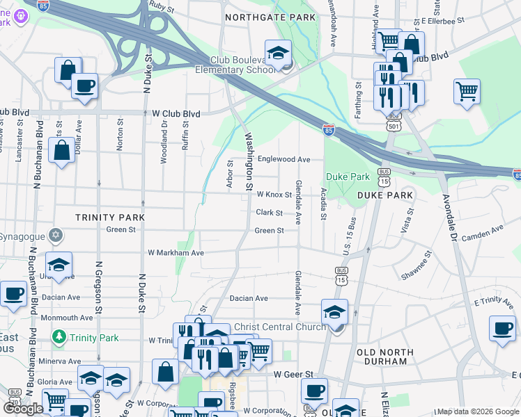 map of restaurants, bars, coffee shops, grocery stores, and more near 330 Clark Street in Durham