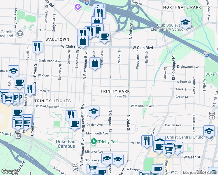 map of restaurants, bars, coffee shops, grocery stores, and more near 1005 Demerius Street in Durham
