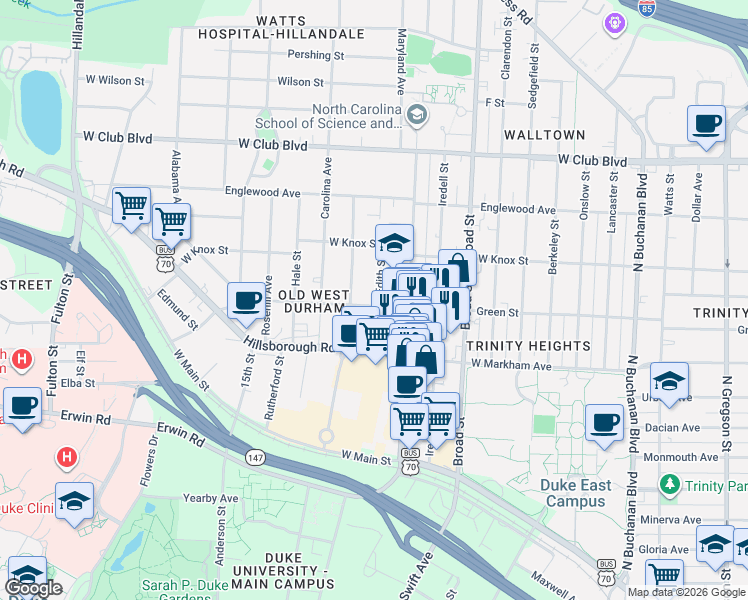 map of restaurants, bars, coffee shops, grocery stores, and more near 900 Virgie Street in Durham