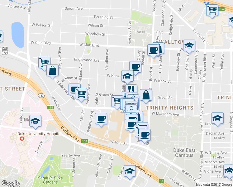 map of restaurants, bars, coffee shops, grocery stores, and more near 900 Virgie Street in Durham