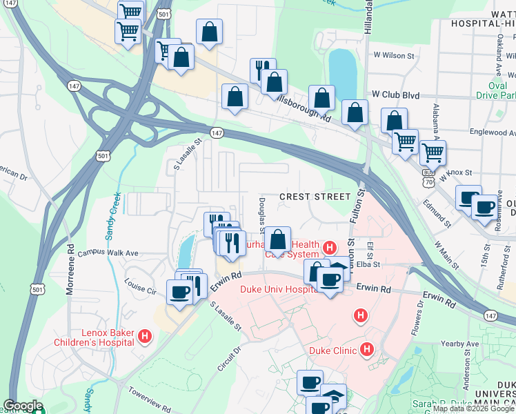 map of restaurants, bars, coffee shops, grocery stores, and more near 311 South Lasalle Street in Durham