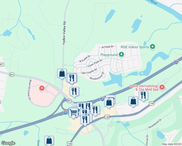 map of restaurants, bars, coffee shops, grocery stores, and more near 106 Sweetwater Circle in Advance