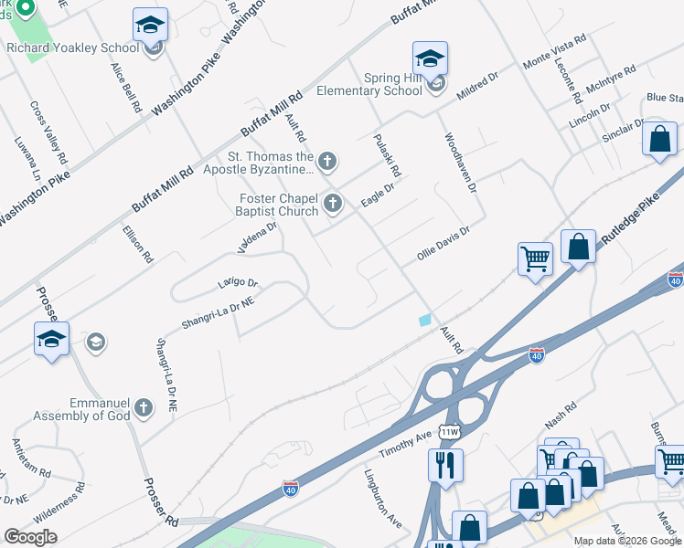 map of restaurants, bars, coffee shops, grocery stores, and more near 1613 Banyan Way in Knoxville