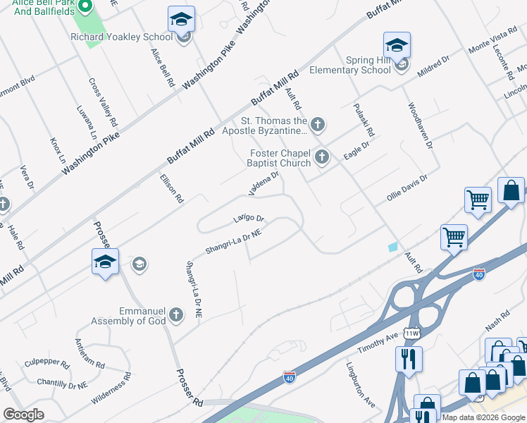 map of restaurants, bars, coffee shops, grocery stores, and more near 4008 Larigo Drive in Knoxville