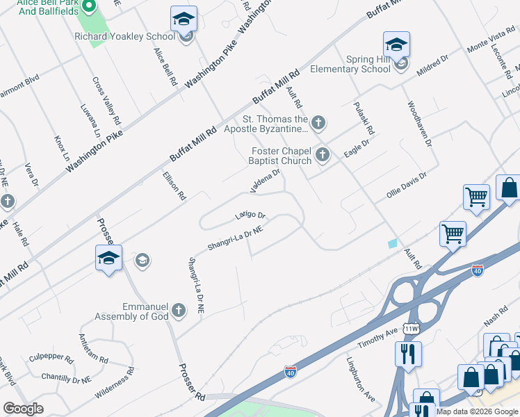 map of restaurants, bars, coffee shops, grocery stores, and more near 4008 Larigo Drive in Knoxville