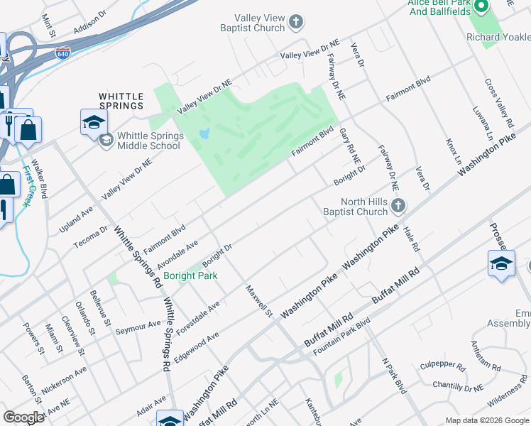 map of restaurants, bars, coffee shops, grocery stores, and more near 3101 Boright Drive in Knoxville