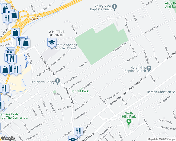 map of restaurants, bars, coffee shops, grocery stores, and more near 2908 Fairmont Boulevard in Knoxville