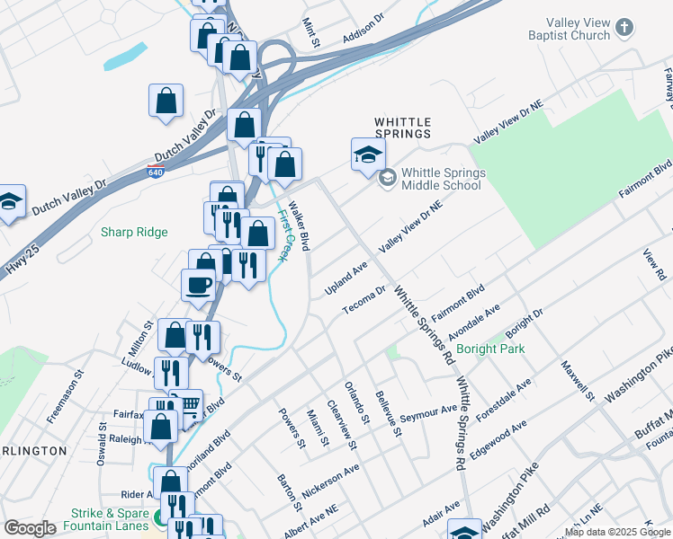 map of restaurants, bars, coffee shops, grocery stores, and more near 2424 Underwood Place in Knoxville