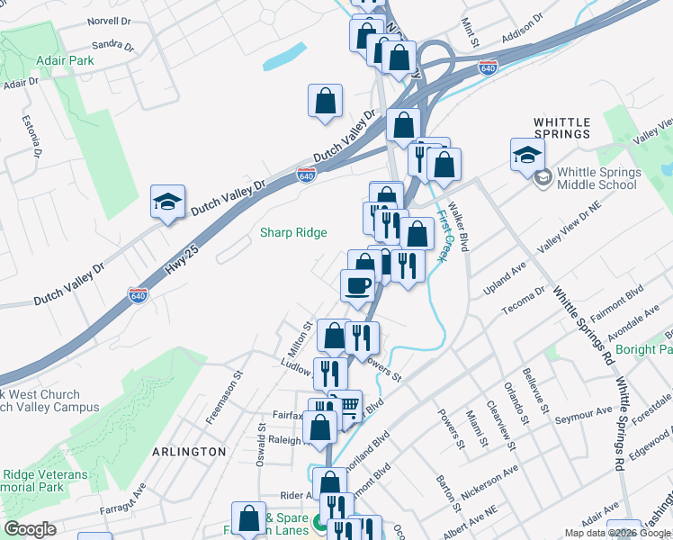 map of restaurants, bars, coffee shops, grocery stores, and more near 4216 Acuff Street in Knoxville