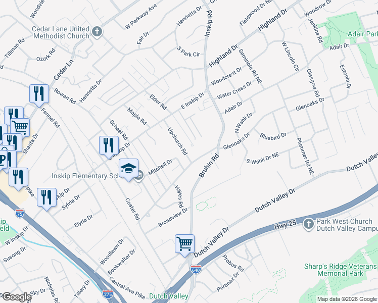 map of restaurants, bars, coffee shops, grocery stores, and more near 4601 Upchurch Road in Knoxville