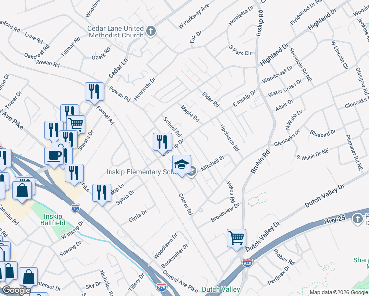 map of restaurants, bars, coffee shops, grocery stores, and more near 4611 Dewey Way in Knoxville