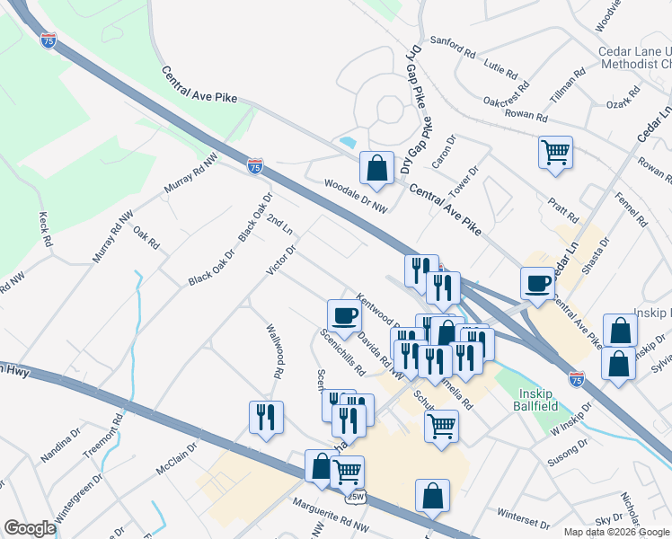 map of restaurants, bars, coffee shops, grocery stores, and more near 5712 Kentwood Road in Knoxville