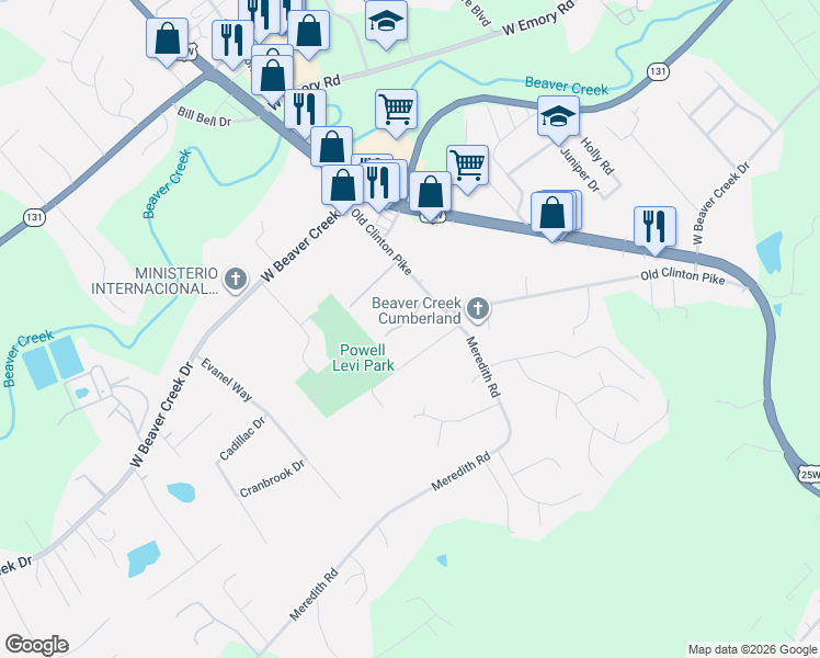 map of restaurants, bars, coffee shops, grocery stores, and more near 3538 Pebblebrook Way in Knoxville