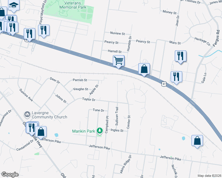 map of restaurants, bars, coffee shops, grocery stores, and more near 199 Sullivan Trail in La Vergne