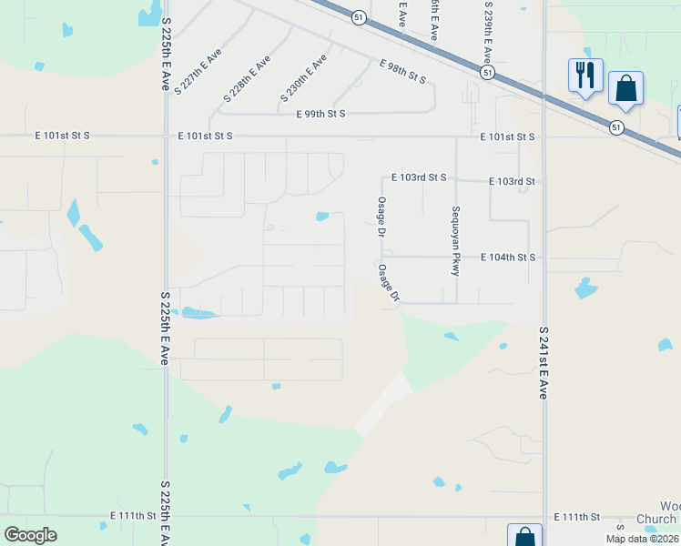 map of restaurants, bars, coffee shops, grocery stores, and more near 23312 East 104th Street South in Broken Arrow