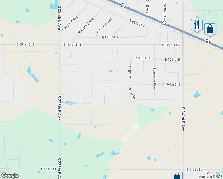 map of restaurants, bars, coffee shops, grocery stores, and more near 23312 East 104th Street South in Broken Arrow