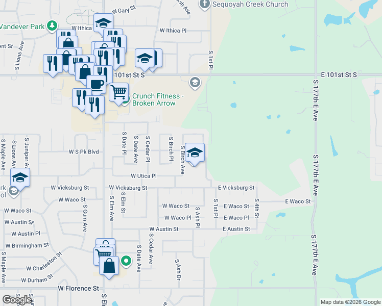 map of restaurants, bars, coffee shops, grocery stores, and more near 112 West Twin Oaks Street in Broken Arrow