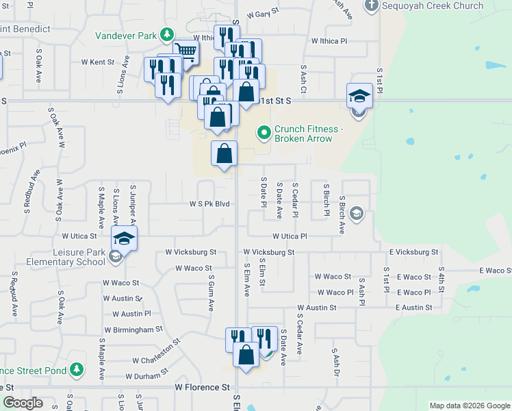 map of restaurants, bars, coffee shops, grocery stores, and more near 504 West Twin Oaks Street in Broken Arrow