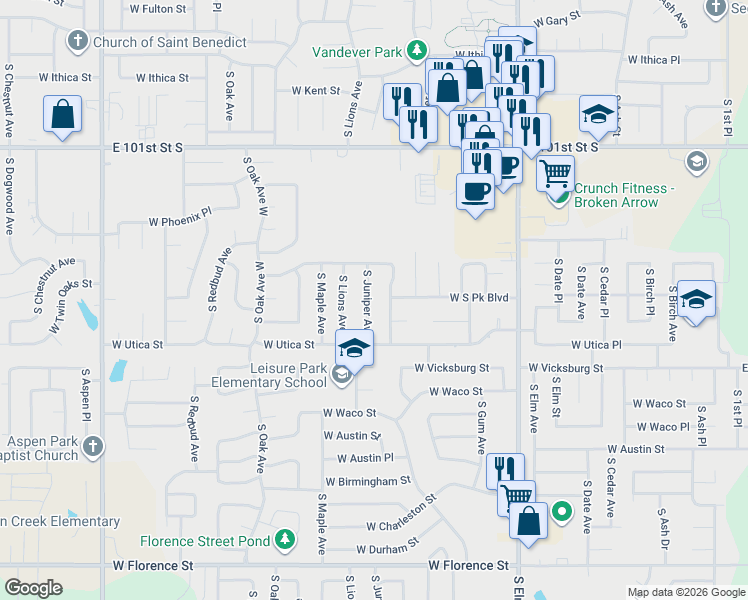 map of restaurants, bars, coffee shops, grocery stores, and more near 4101 South Juniper Avenue in Broken Arrow