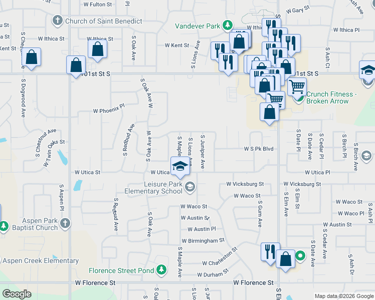 map of restaurants, bars, coffee shops, grocery stores, and more near 4100 South Lions Avenue in Broken Arrow