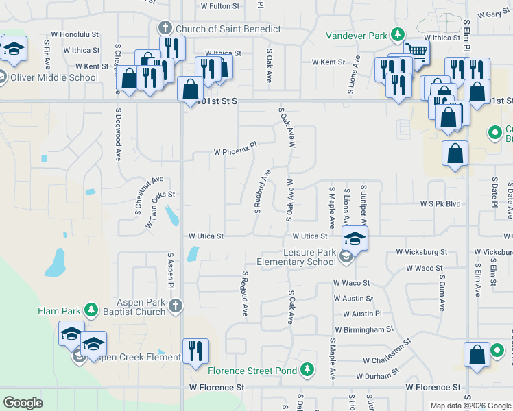 map of restaurants, bars, coffee shops, grocery stores, and more near 4104 South Redbud Avenue in Broken Arrow