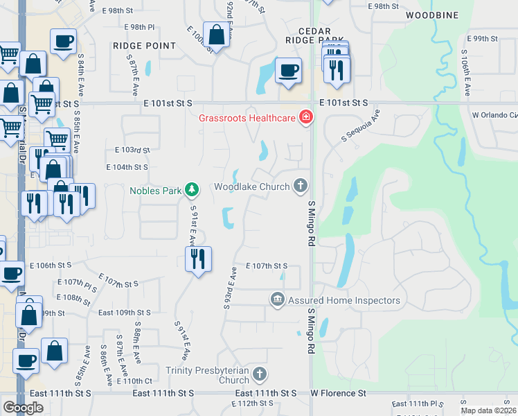 map of restaurants, bars, coffee shops, grocery stores, and more near 10538 South 93rd East Avenue in Tulsa