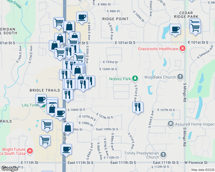 map of restaurants, bars, coffee shops, grocery stores, and more near 10481 South 86th East Place in Tulsa