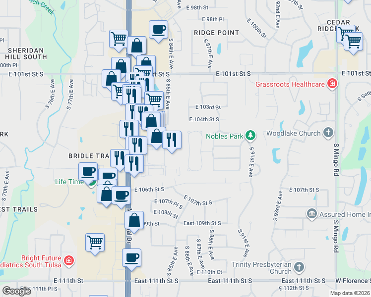 map of restaurants, bars, coffee shops, grocery stores, and more near 10468 South 86th East Avenue in Tulsa
