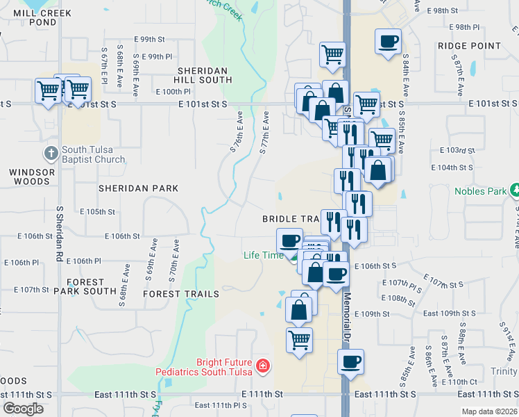 map of restaurants, bars, coffee shops, grocery stores, and more near 7722 East 105th Street in Tulsa