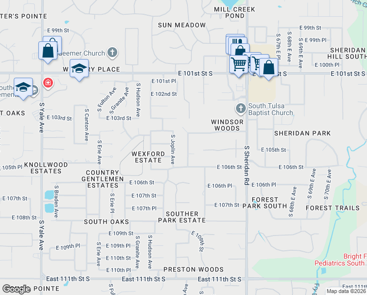map of restaurants, bars, coffee shops, grocery stores, and more near 10420 South Kingston Avenue in Tulsa