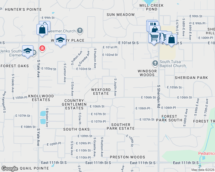 map of restaurants, bars, coffee shops, grocery stores, and more near 5724 East 104th Place in Tulsa