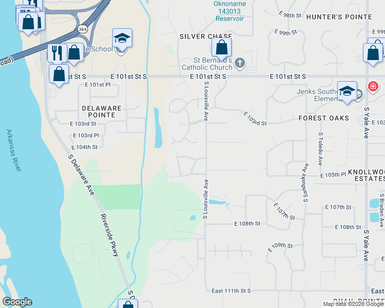 map of restaurants, bars, coffee shops, grocery stores, and more near 3535 East 104th Place in Tulsa