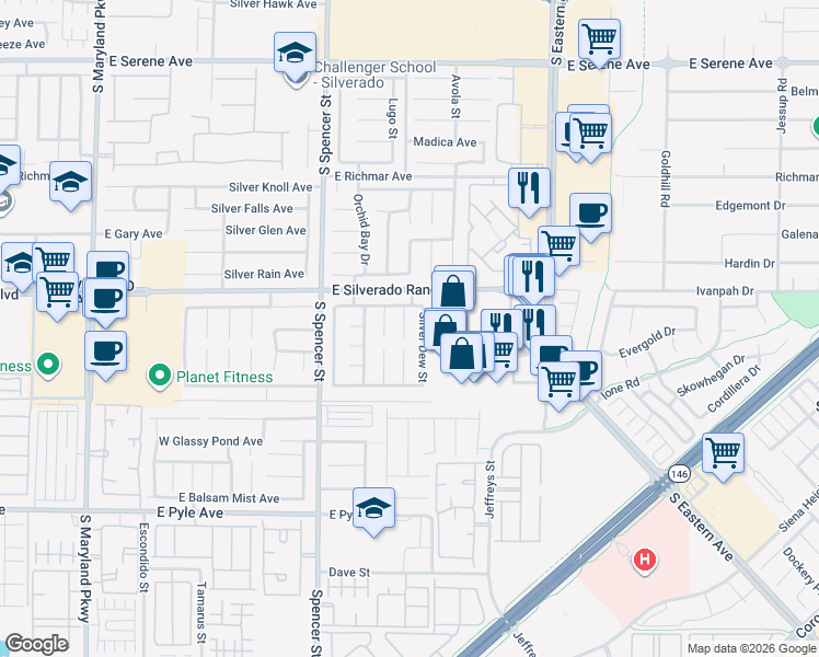 map of restaurants, bars, coffee shops, grocery stores, and more near 9762 Silver Dusk Court in Las Vegas