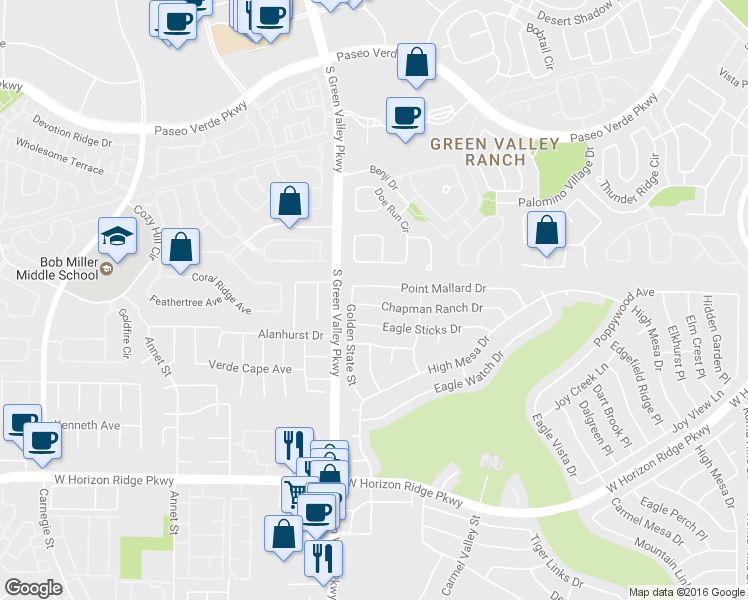 map of restaurants, bars, coffee shops, grocery stores, and more near 2184 Chapman Ranch Dr in Henderson