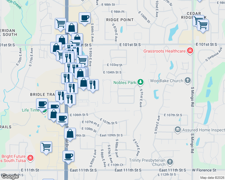 map of restaurants, bars, coffee shops, grocery stores, and more near 10481 S 86th E Pl in Tulsa