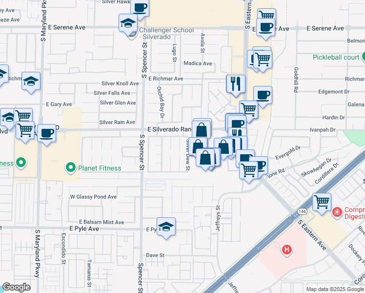 map of restaurants, bars, coffee shops, grocery stores, and more near 9762 Silver Dusk Court in Las Vegas