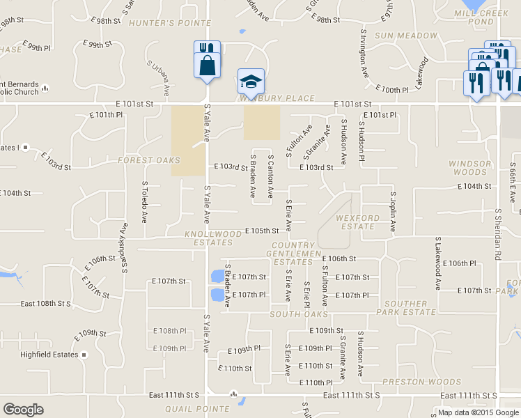 map of restaurants, bars, coffee shops, grocery stores, and more near 5118 E 104th Pl in Tulsa