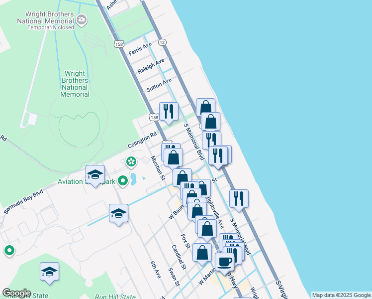map of restaurants, bars, coffee shops, grocery stores, and more near 110 East Meadowlark Street in Kill Devil Hills