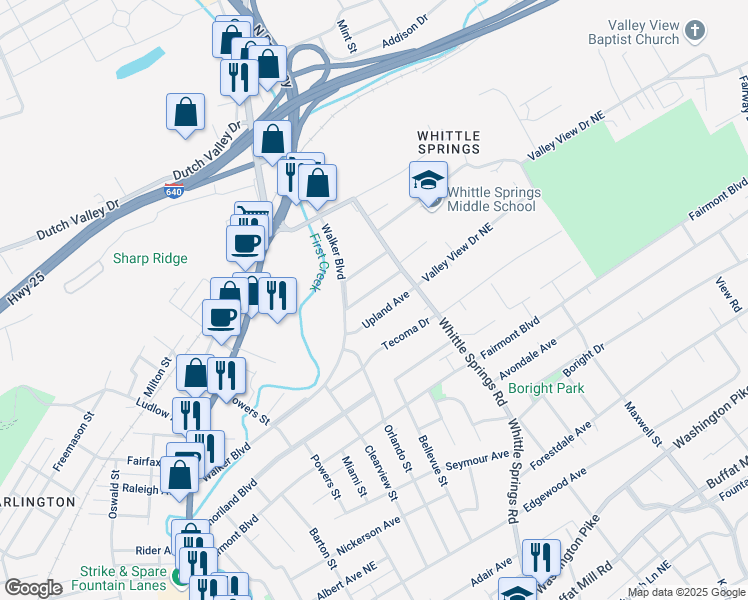 map of restaurants, bars, coffee shops, grocery stores, and more near 2424 Underwood Place in Knoxville