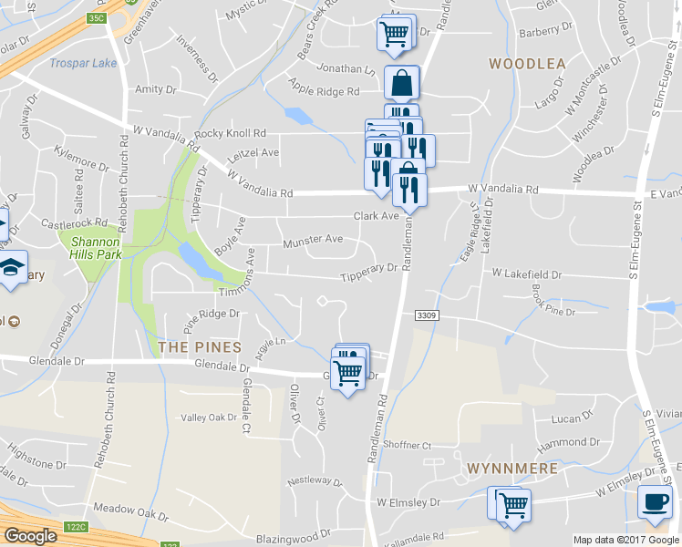 map of restaurants, bars, coffee shops, grocery stores, and more near 512 Tipperary Drive in Greensboro