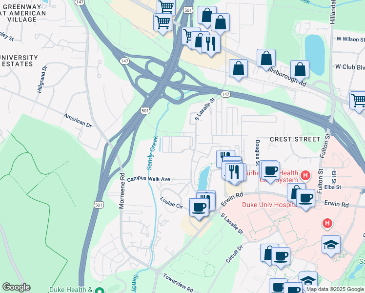 map of restaurants, bars, coffee shops, grocery stores, and more near 500 South Lasalle Street in Durham