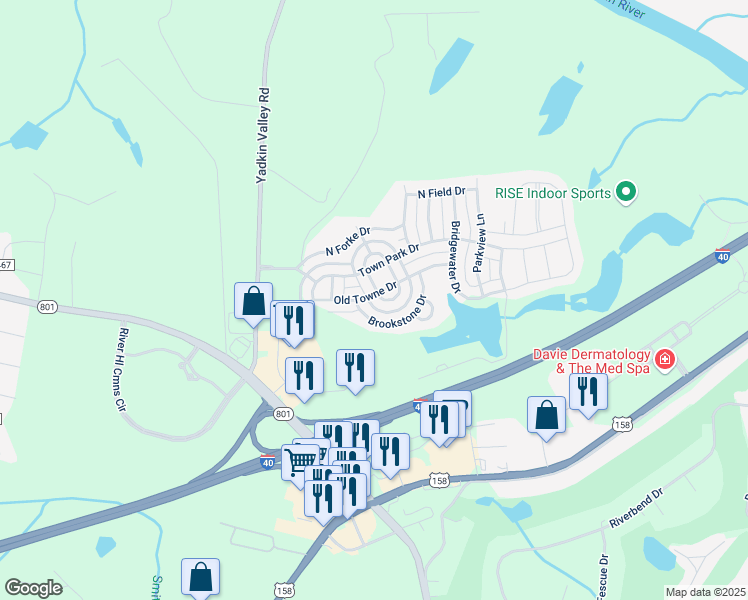map of restaurants, bars, coffee shops, grocery stores, and more near 104 Sweetwater Circle in Advance
